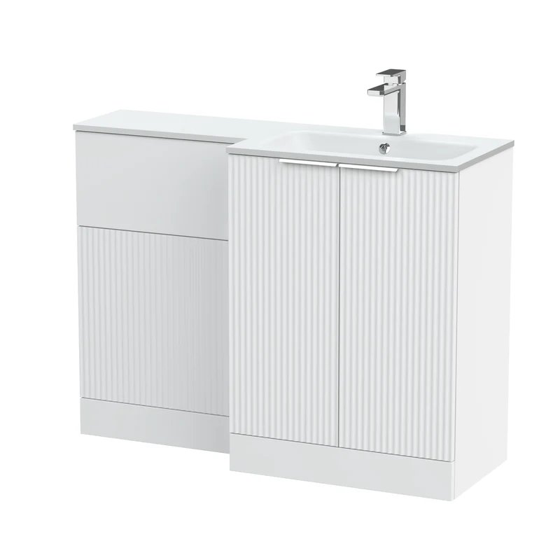 Fluted 1100mm Basin & WC Combination Unit With Right Hand White Stone Basin - White Satin