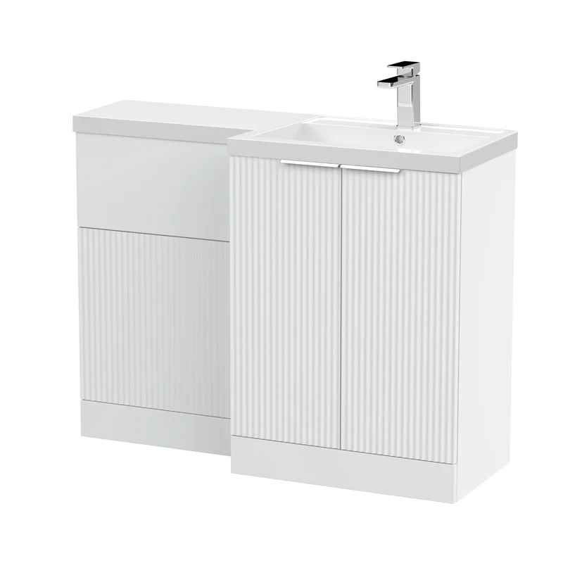 Fluted 1100mm Basin & WC Combination Unit With Right Hand Polymarble Basin - White Satin