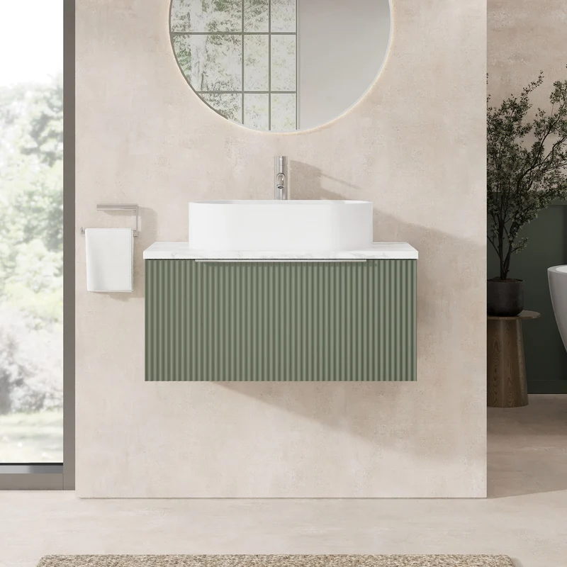 Fluted 800mm Wall Hung Single Drawer Vanity Unit & Carrera Marble Laminate Worktop - Green Satin