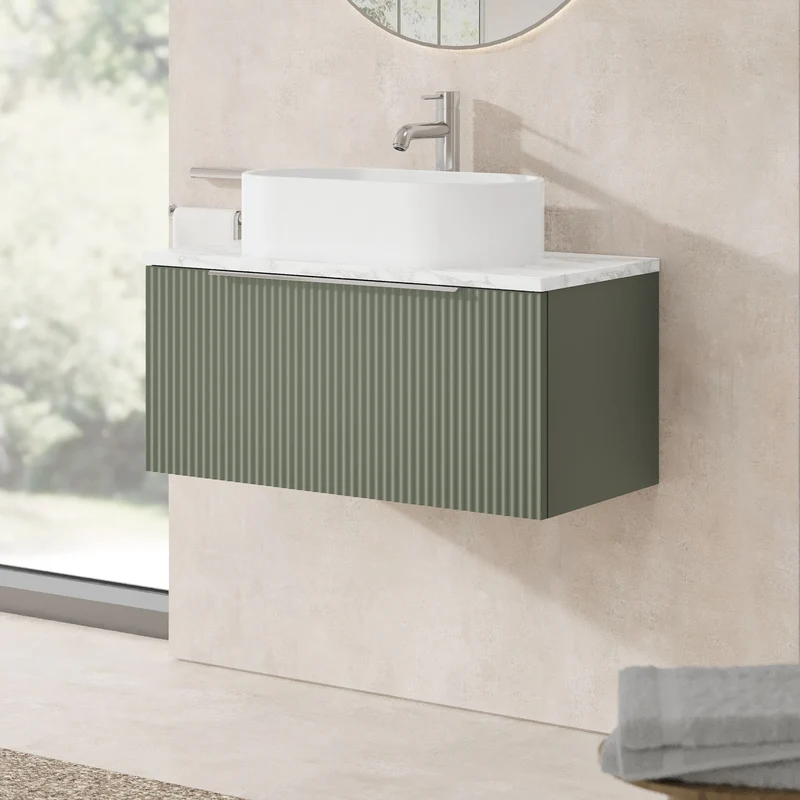 Fluted 800mm Wall Hung Single Drawer Vanity Unit & Carrera Marble Laminate Worktop - Green Satin