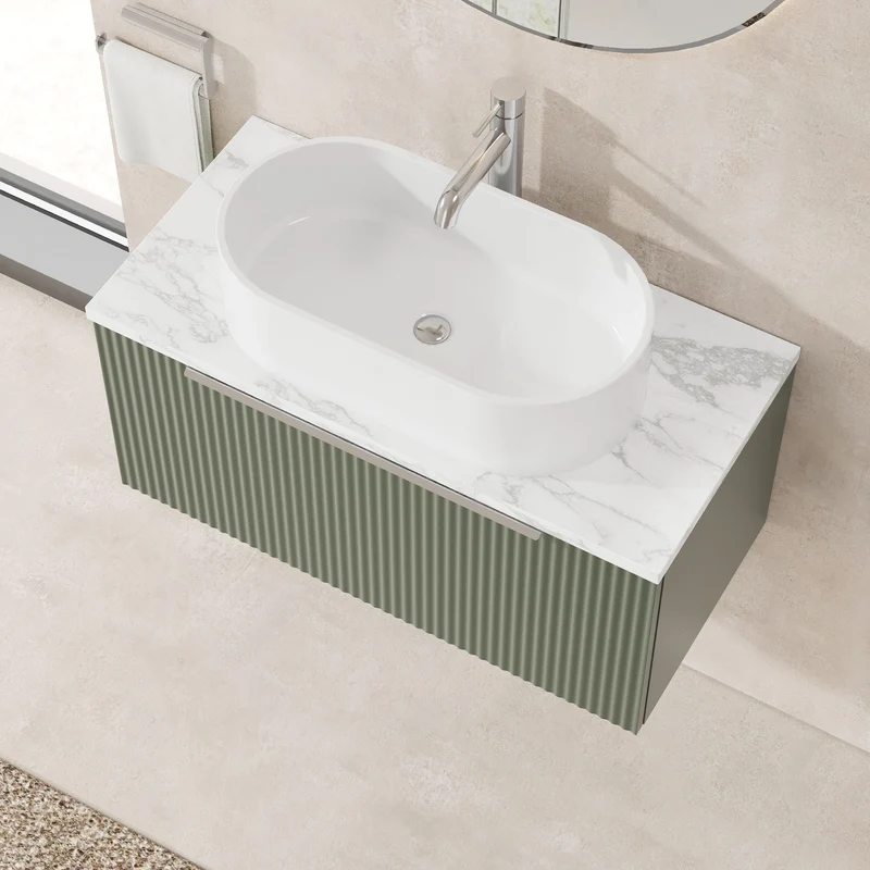 Fluted 800mm Wall Hung Single Drawer Vanity Unit & Carrera Marble Laminate Worktop - Green Satin