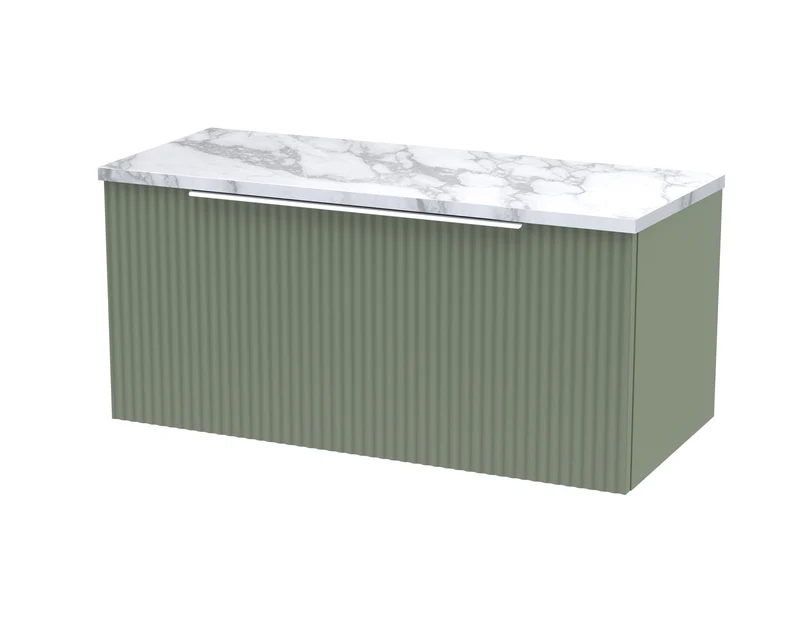 Fluted 800mm Wall Hung Single Drawer Vanity Unit & Carrera Marble Laminate Worktop - Green Satin