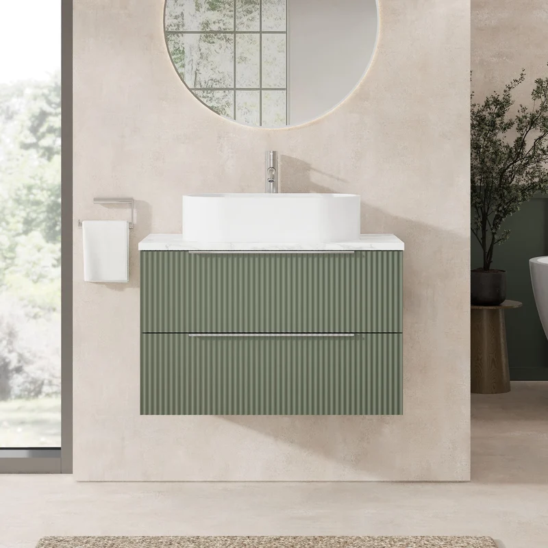 Fluted 800mm Wall Hung 2 Drawer Vanity Unit & Carrera Marble Laminate Worktop - Green Satin