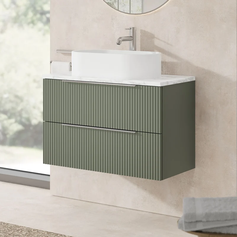 Fluted 800mm Wall Hung 2 Drawer Vanity Unit & Carrera Marble Laminate Worktop - Green Satin