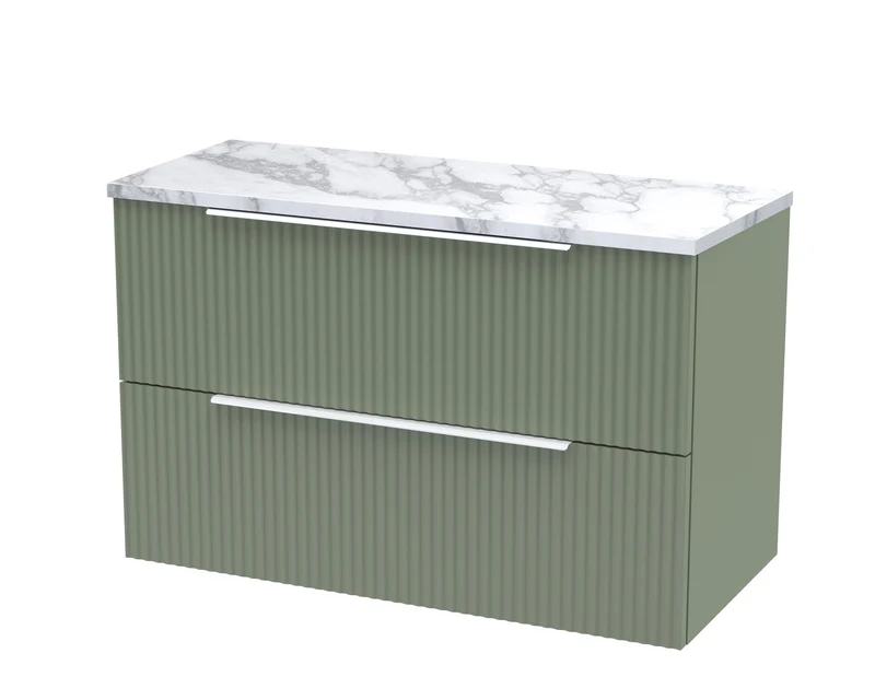 Fluted 800mm Wall Hung 2 Drawer Vanity Unit & Carrera Marble Laminate Worktop - Green Satin