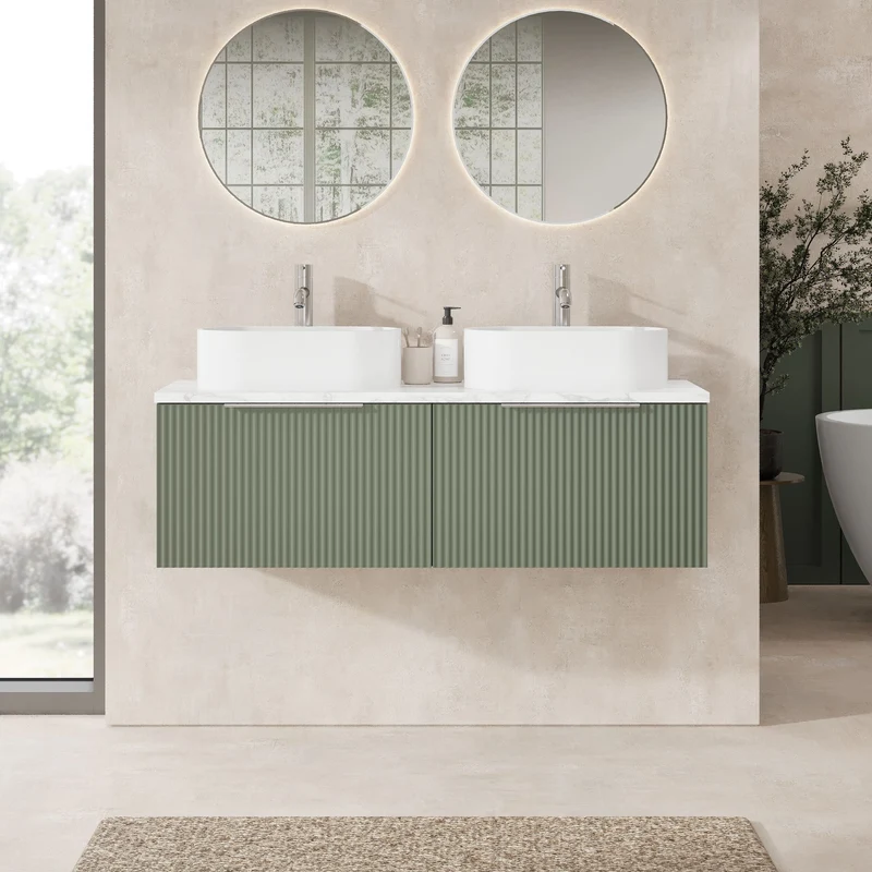 Fluted 1200mm Wall Hung 2 Drawer Vanity Unit & Carrera Marble Laminate Worktop - Green Satin
