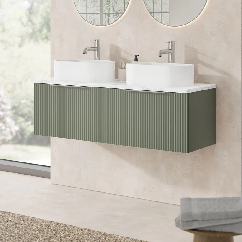 Fluted 1200mm Wall Hung 2 Drawer Vanity Unit & Carrera Marble Laminate Worktop - Green Satin