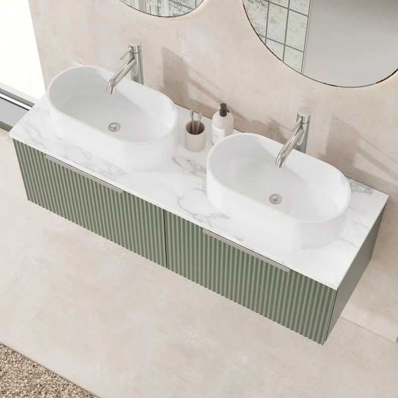 Fluted 1200mm Wall Hung 2 Drawer Vanity Unit & Carrera Marble Laminate Worktop - Green Satin