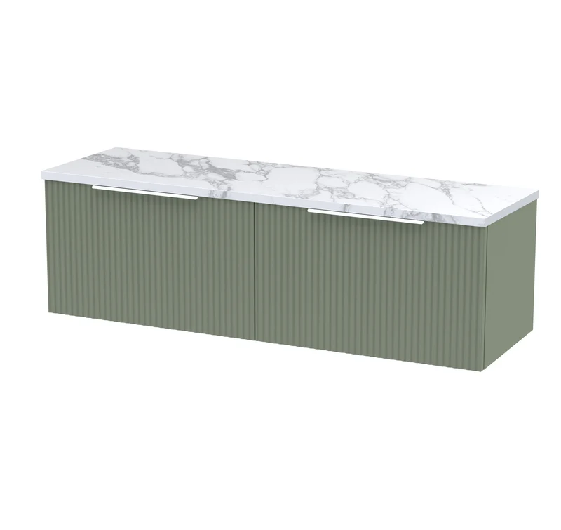 Fluted 1200mm Wall Hung 2 Drawer Vanity Unit & Carrera Marble Laminate Worktop - Green Satin