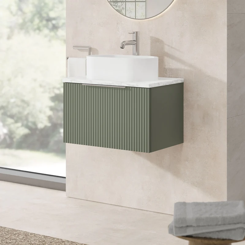Fluted 600mm Wall Hung Single Drawer Vanity Unit & Carrera Marble Laminate Worktop - Green Satin