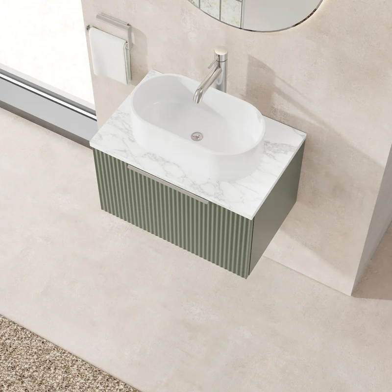 Fluted 600mm Wall Hung Single Drawer Vanity Unit & Carrera Marble Laminate Worktop - Green Satin