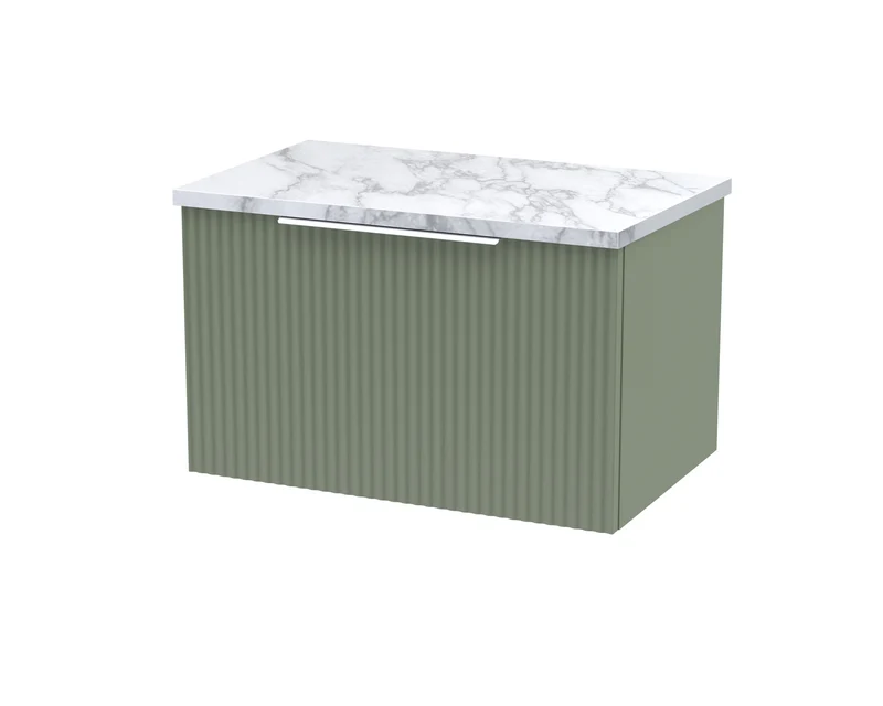 Fluted 600mm Wall Hung Single Drawer Vanity Unit & Carrera Marble Laminate Worktop - Green Satin