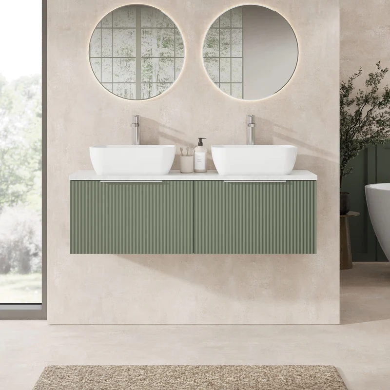 Fluted 1200mm Wall Hung 2 Drawer Vanity Unit & Bellato Grey Laminate Worktop - Green Satin