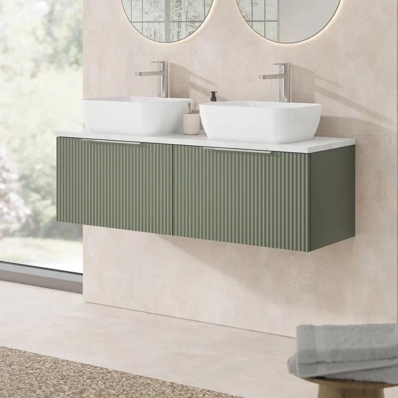 Fluted 1200mm Wall Hung 2 Drawer Vanity Unit & Bellato Grey Laminate Worktop - Green Satin