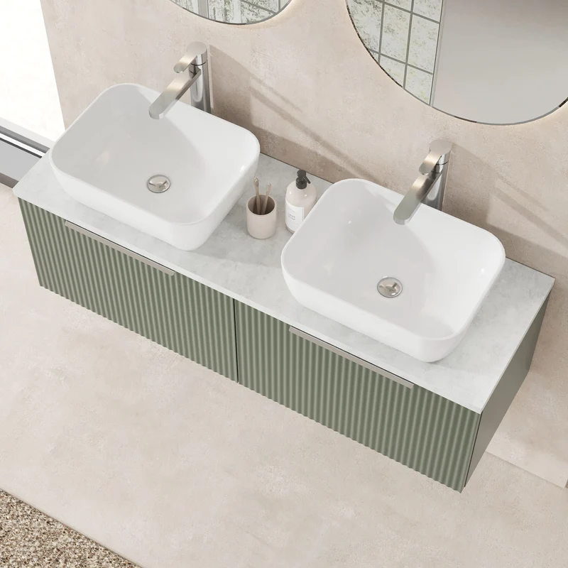 Fluted 1200mm Wall Hung 2 Drawer Vanity Unit & Bellato Grey Laminate Worktop - Green Satin