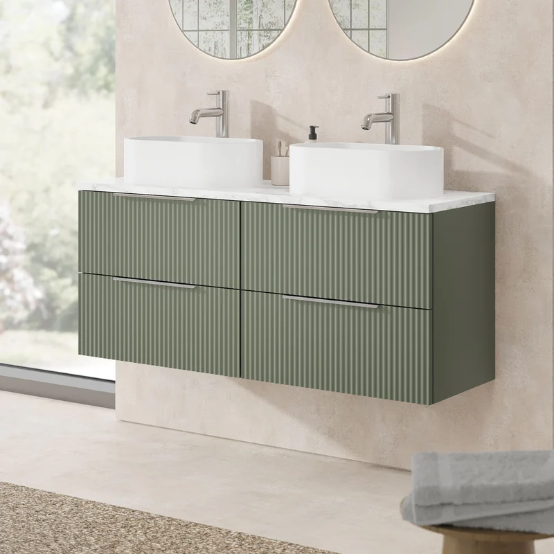 Fluted 1200mm Wall Hung 4 Drawer Vanity Unit & Carrera Marble Laminate Worktop - Green Satin