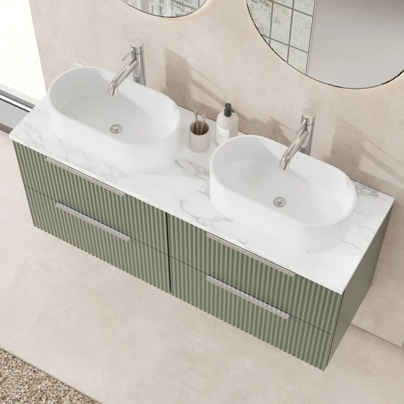 Fluted 1200mm Wall Hung 4 Drawer Vanity Unit & Carrera Marble Laminate Worktop - Green Satin