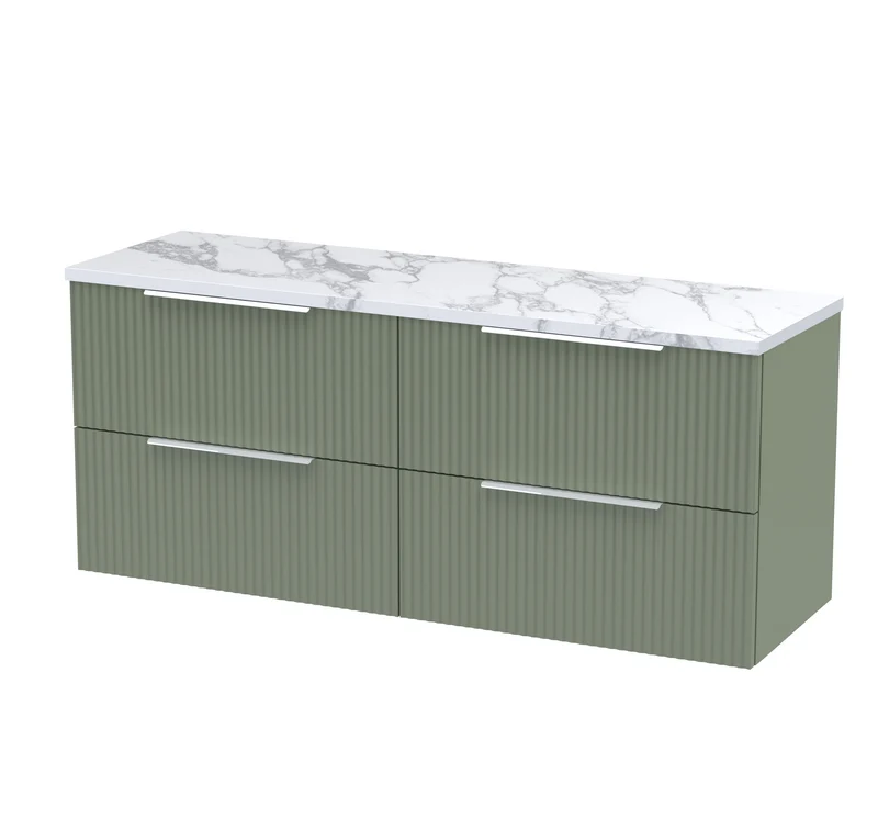 Fluted 1200mm Wall Hung 4 Drawer Vanity Unit & Carrera Marble Laminate Worktop - Green Satin