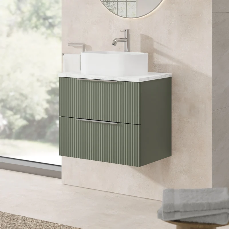 Fluted 600mm Wall Hung 2 Drawer Vanity Unit & Carrera Marble Laminate Worktop - Green Satin