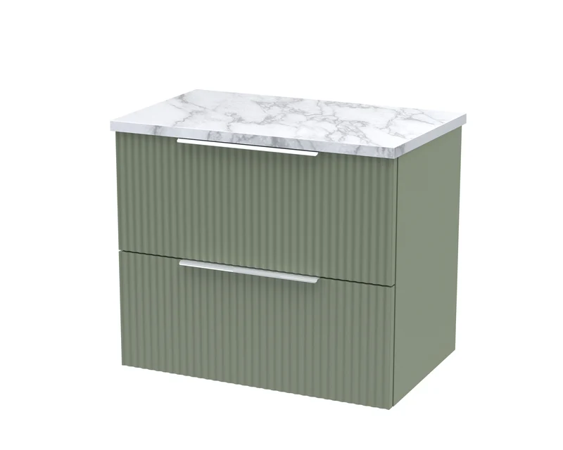 Fluted 600mm Wall Hung 2 Drawer Vanity Unit & Carrera Marble Laminate Worktop - Green Satin
