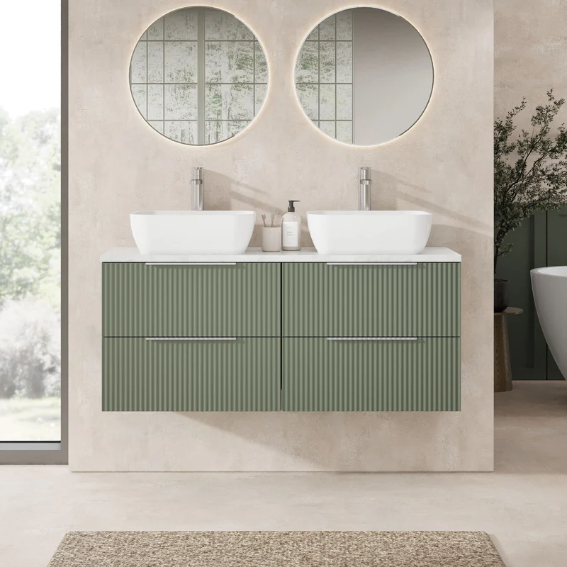 Fluted 1200mm Wall Hung 4 Drawer Vanity Unit & Bellato Grey Laminate Worktop - Green Satin