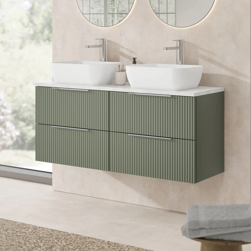 Fluted 1200mm Wall Hung 4 Drawer Vanity Unit & Bellato Grey Laminate Worktop - Green Satin
