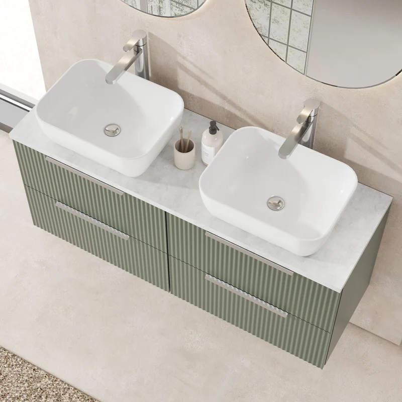 Fluted 1200mm Wall Hung 4 Drawer Vanity Unit & Bellato Grey Laminate Worktop - Green Satin