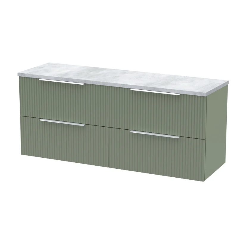 Fluted 1200mm Wall Hung 4 Drawer Vanity Unit & Bellato Grey Laminate Worktop - Green Satin