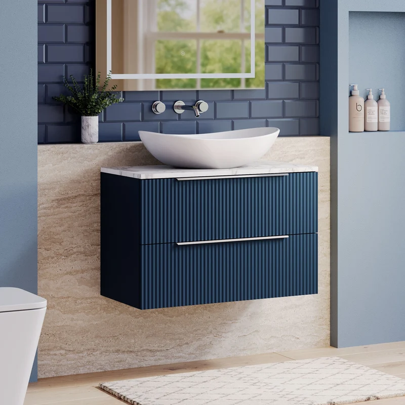 Fluted 800mm Wall Hung Single Drawer Vanity Unit & Carrera Marble Laminate Worktop - Blue Satin