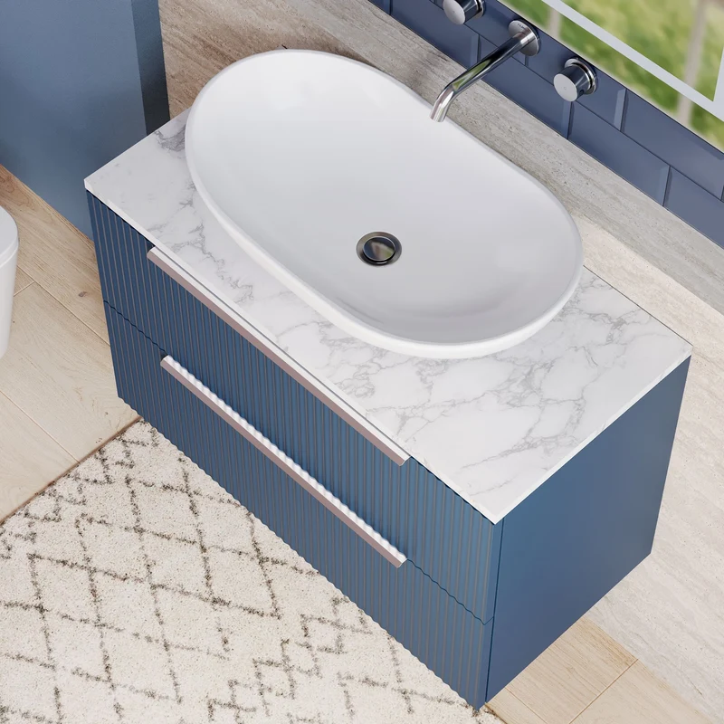 Fluted 800mm Wall Hung Single Drawer Vanity Unit & Carrera Marble Laminate Worktop - Blue Satin