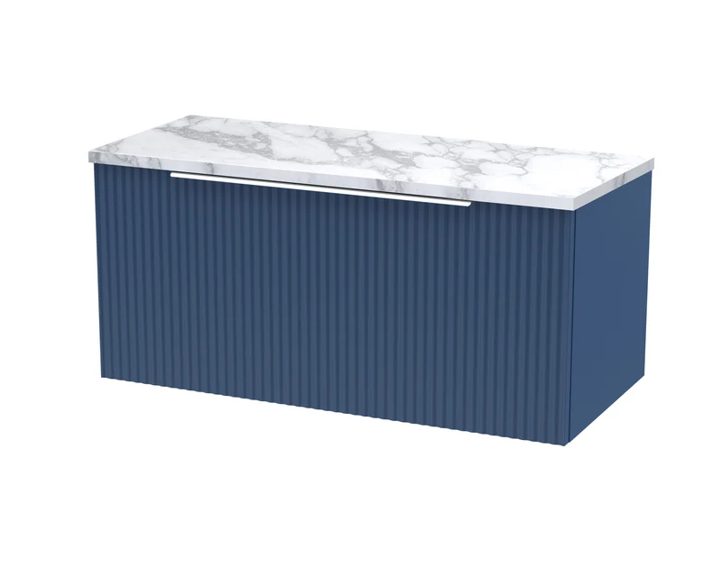 Fluted 800mm Wall Hung Single Drawer Vanity Unit & Carrera Marble Laminate Worktop - Blue Satin