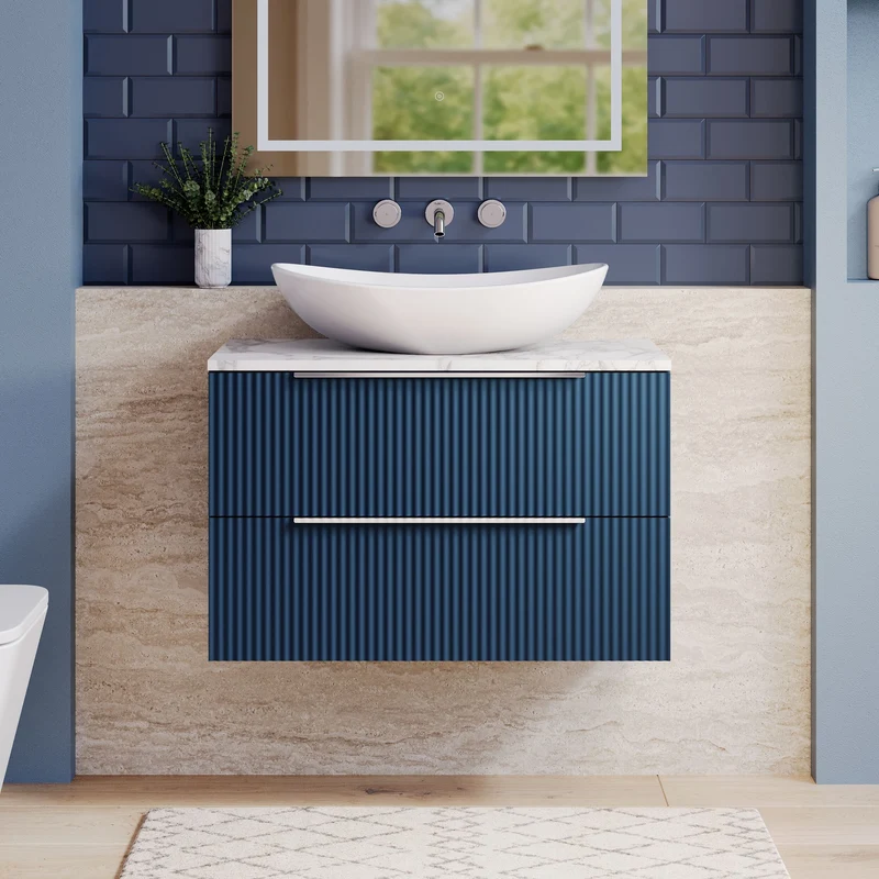 Fluted 800mm Wall Hung 2 Drawer Vanity Unit & Carrera Marble Laminate Worktop - Blue Satin