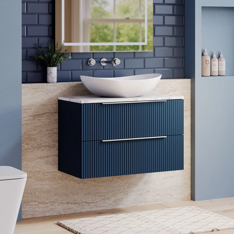 Fluted 800mm Wall Hung 2 Drawer Vanity Unit & Carrera Marble Laminate Worktop - Blue Satin