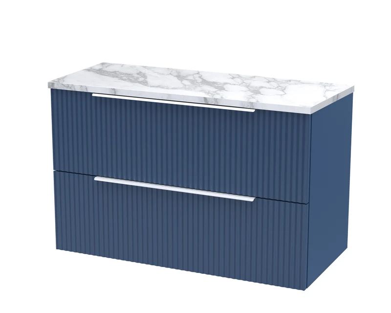 Fluted 800mm Wall Hung 2 Drawer Vanity Unit & Carrera Marble Laminate Worktop - Blue Satin