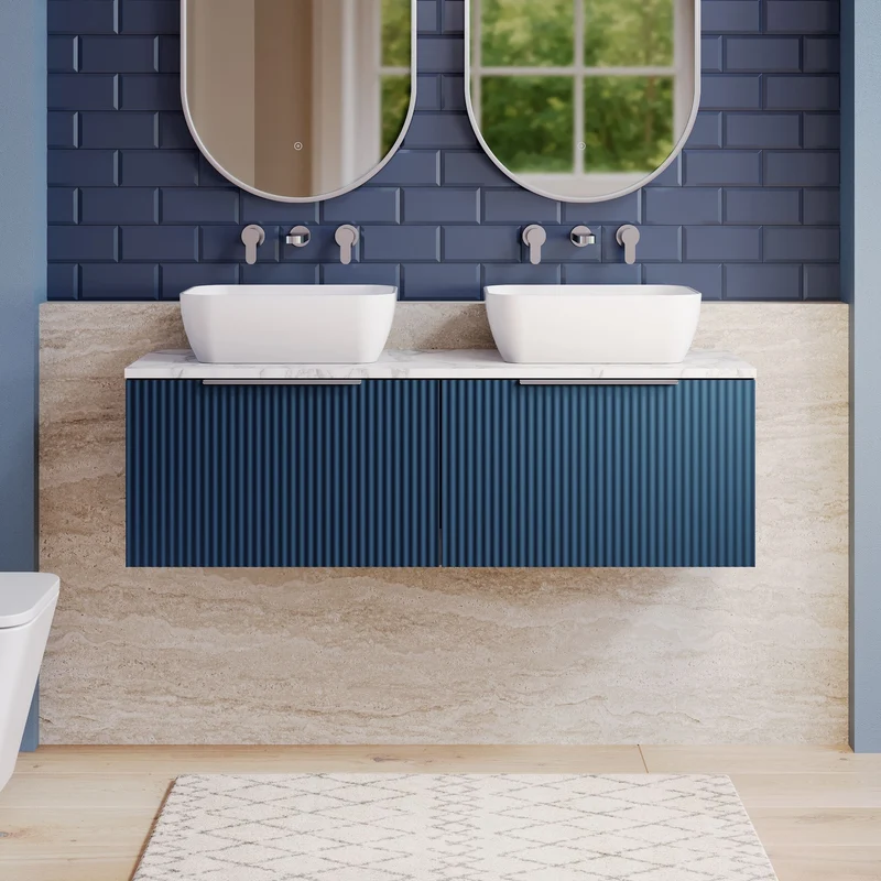 Fluted 1200mm Wall Hung 2 Drawer Vanity Unit & Carrera Marble Laminate Worktop - Blue Satin