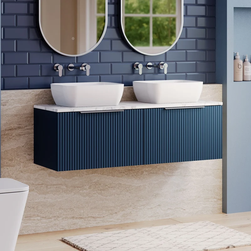 Fluted 1200mm Wall Hung 2 Drawer Vanity Unit & Carrera Marble Laminate Worktop - Blue Satin