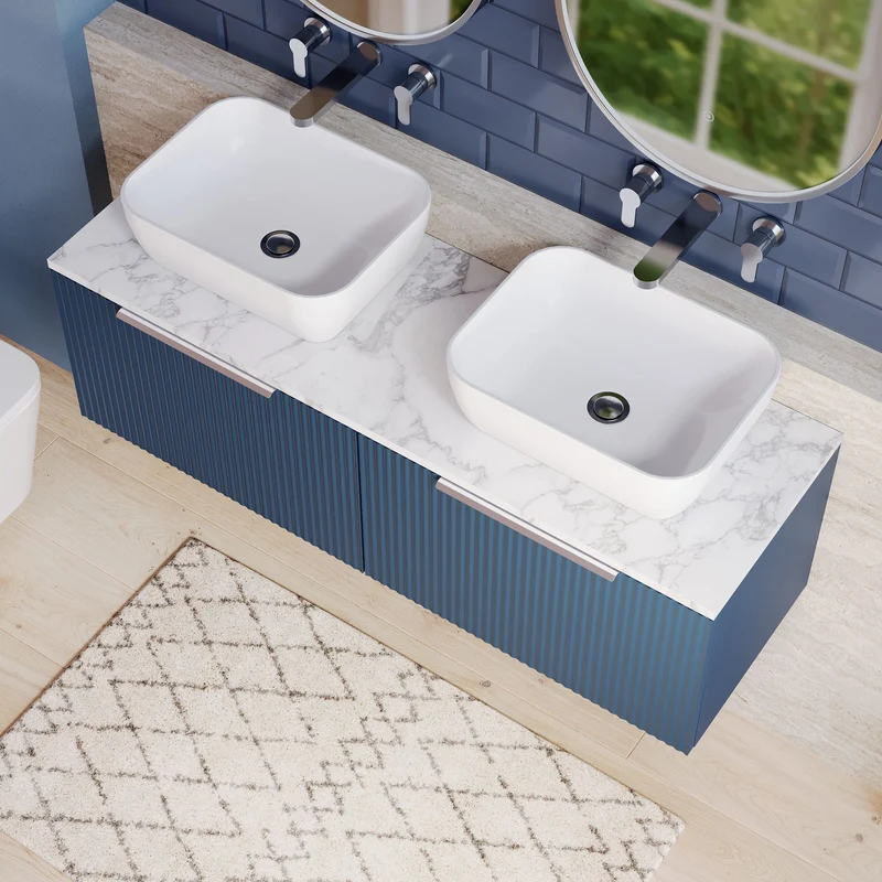 Fluted 1200mm Wall Hung 2 Drawer Vanity Unit & Carrera Marble Laminate Worktop - Blue Satin