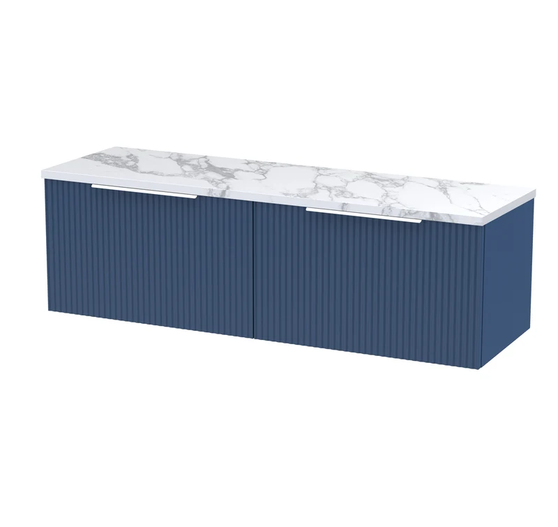 Fluted 1200mm Wall Hung 2 Drawer Vanity Unit & Carrera Marble Laminate Worktop - Blue Satin