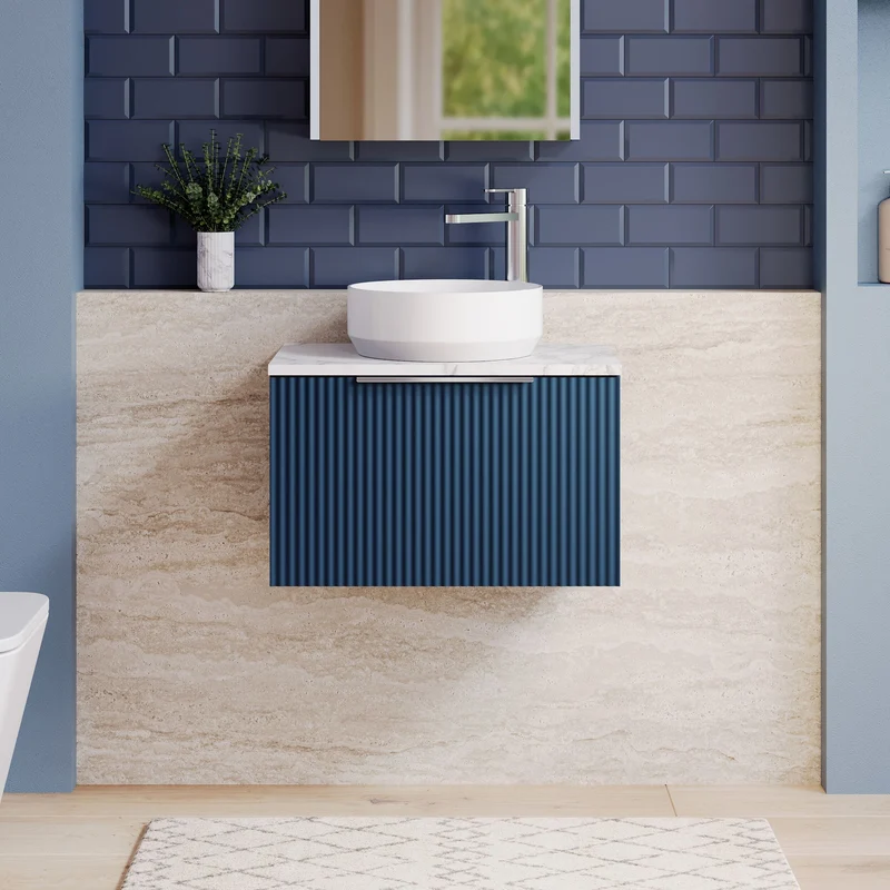 Fluted 600mm Wall Hung Single Drawer Vanity Unit & Carrera Marble Laminate Worktop - Blue Satin