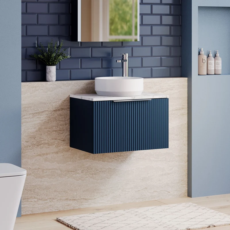 Fluted 600mm Wall Hung Single Drawer Vanity Unit & Carrera Marble Laminate Worktop - Blue Satin