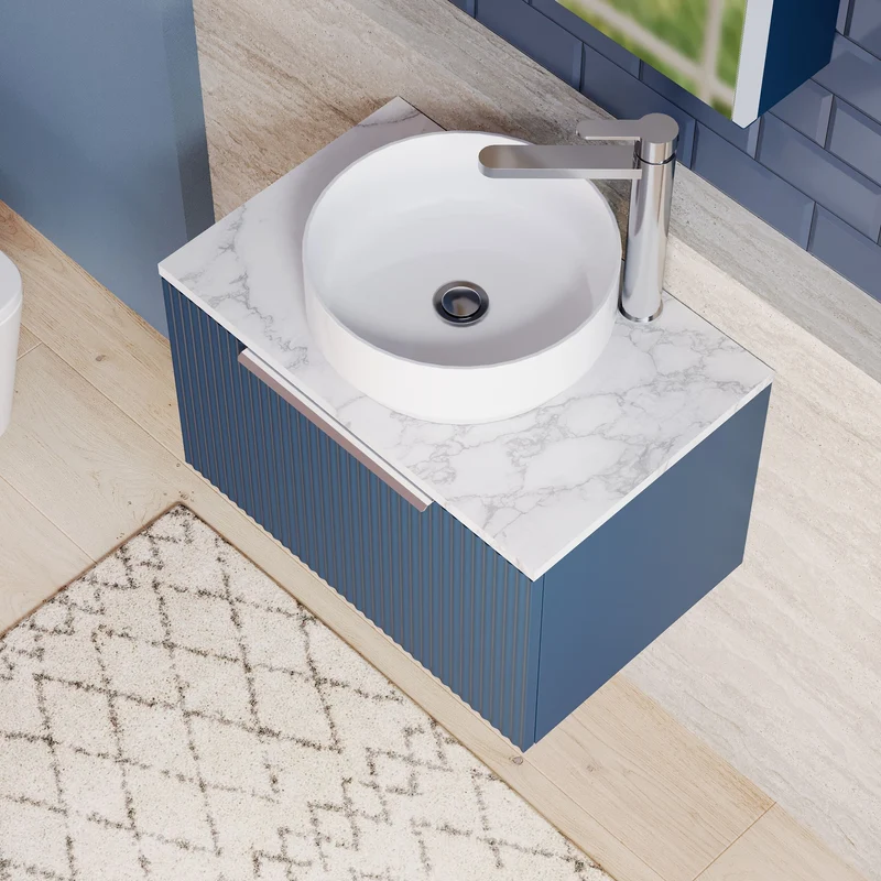 Fluted 600mm Wall Hung Single Drawer Vanity Unit & Carrera Marble Laminate Worktop - Blue Satin