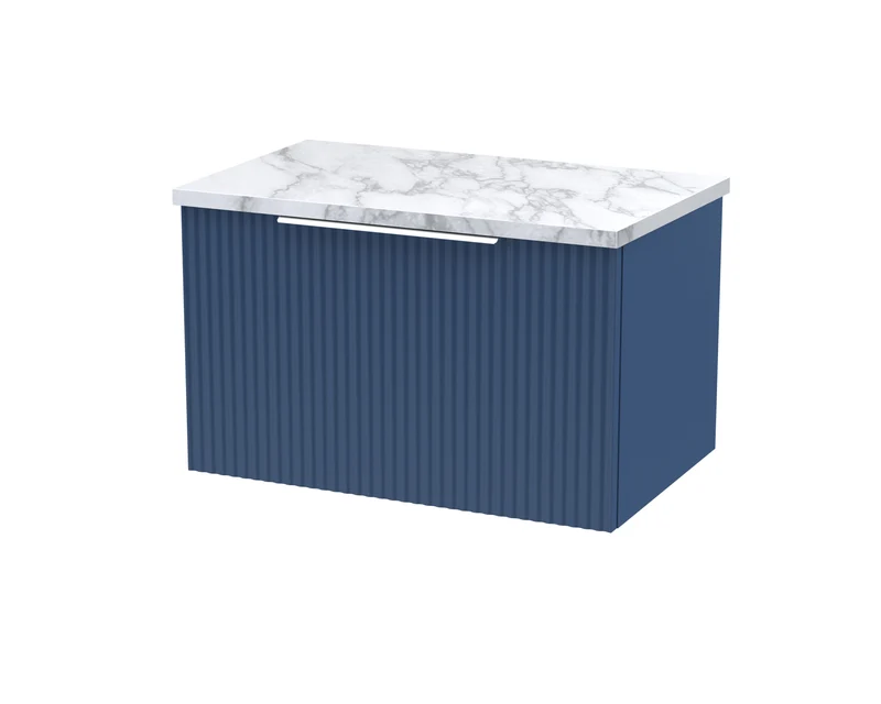Fluted 600mm Wall Hung Single Drawer Vanity Unit & Carrera Marble Laminate Worktop - Blue Satin