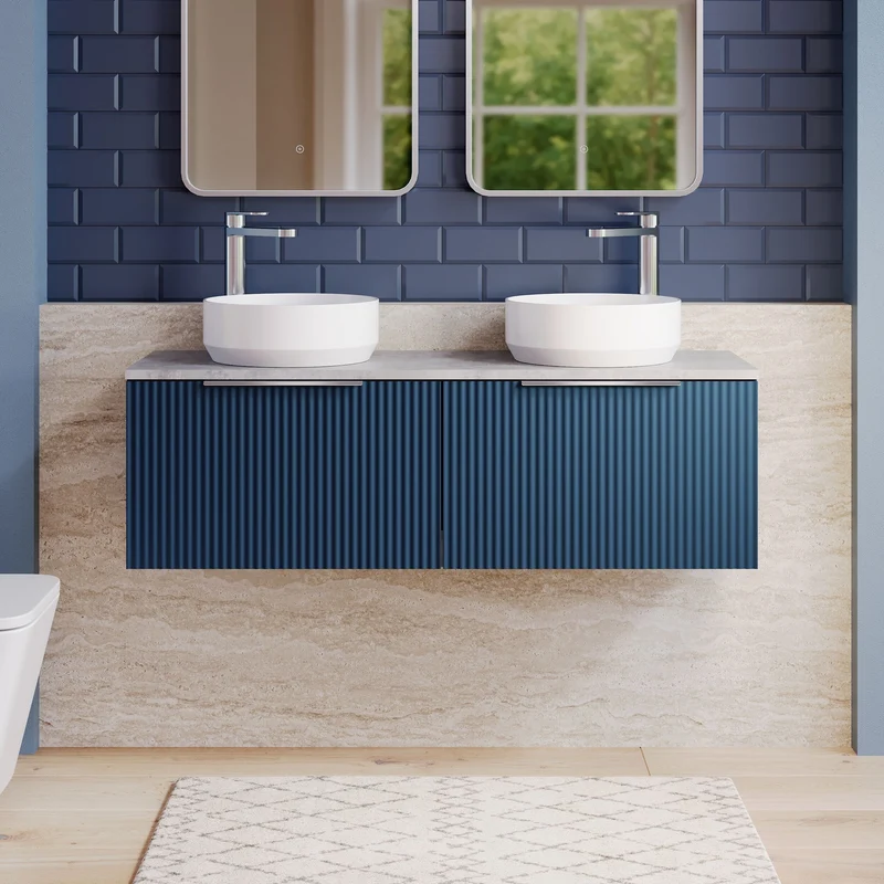 Fluted 1200mm Wall Hung 2 Drawer Vanity Unit & Bellato Grey Laminate Worktop - Blue Satin