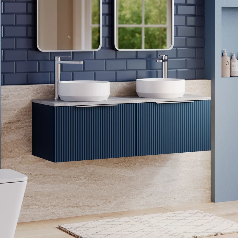 Fluted 1200mm Wall Hung 2 Drawer Vanity Unit & Bellato Grey Laminate Worktop - Blue Satin