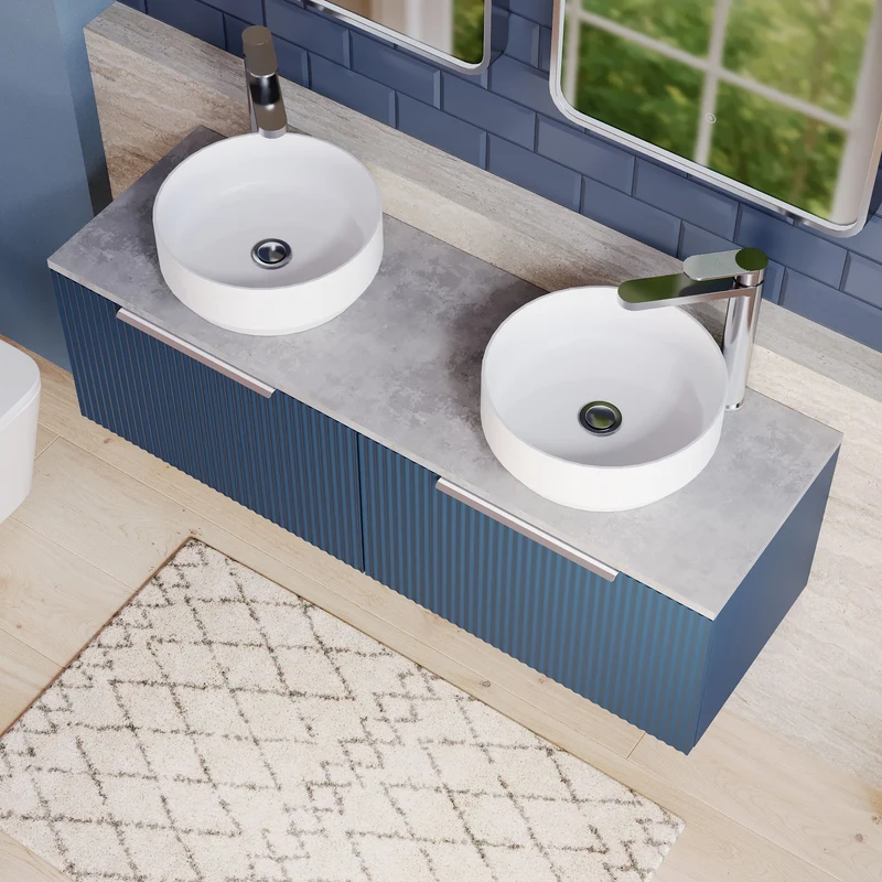 Fluted 1200mm Wall Hung 2 Drawer Vanity Unit & Bellato Grey Laminate Worktop - Blue Satin