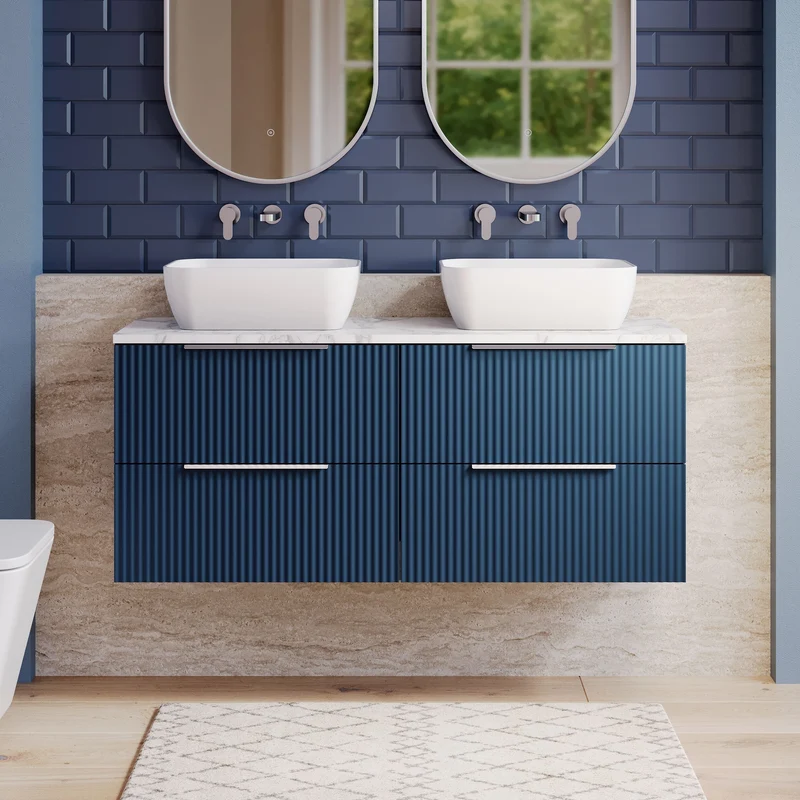 Fluted 1200mm Wall Hung 4 Drawer Vanity Unit & Carrera Marble Laminate Worktop - Blue Satin