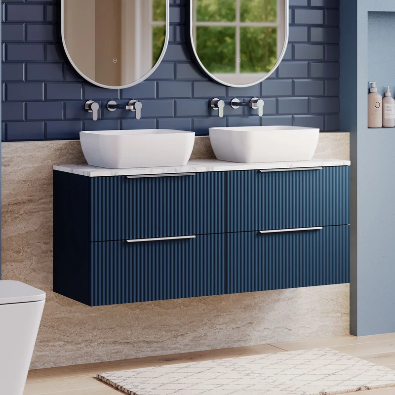 Fluted 1200mm Wall Hung 4 Drawer Vanity Unit & Carrera Marble Laminate Worktop - Blue Satin