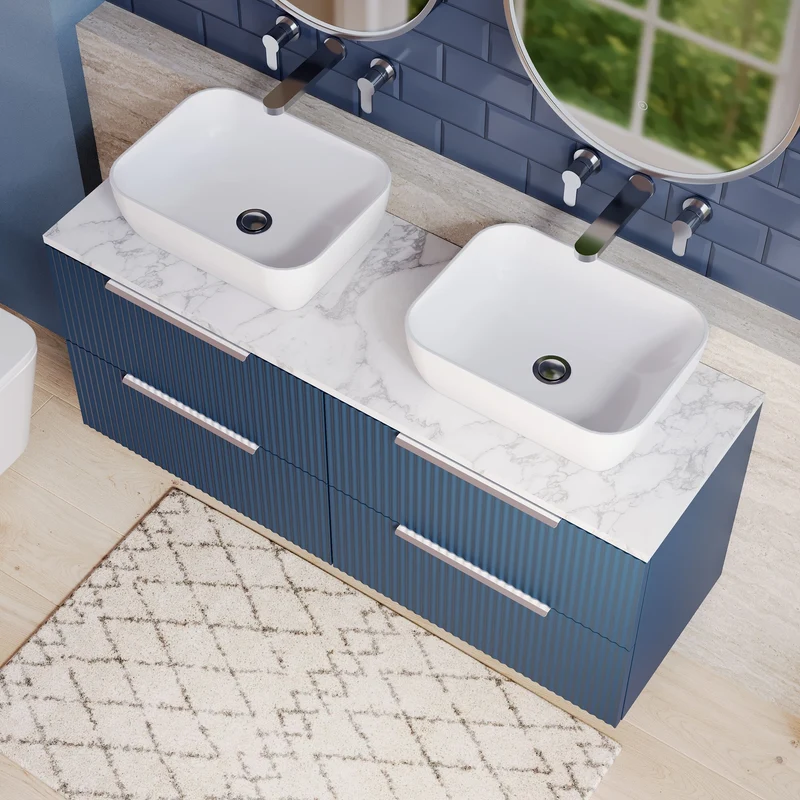 Fluted 1200mm Wall Hung 4 Drawer Vanity Unit & Carrera Marble Laminate Worktop - Blue Satin