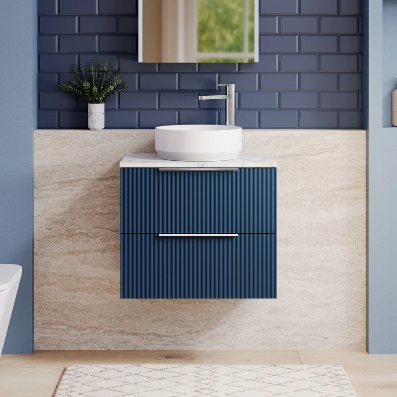 Fluted 600mm Wall Hung 2 Drawer Vanity Unit & Carrera Marble Laminate Worktop - Blue Satin