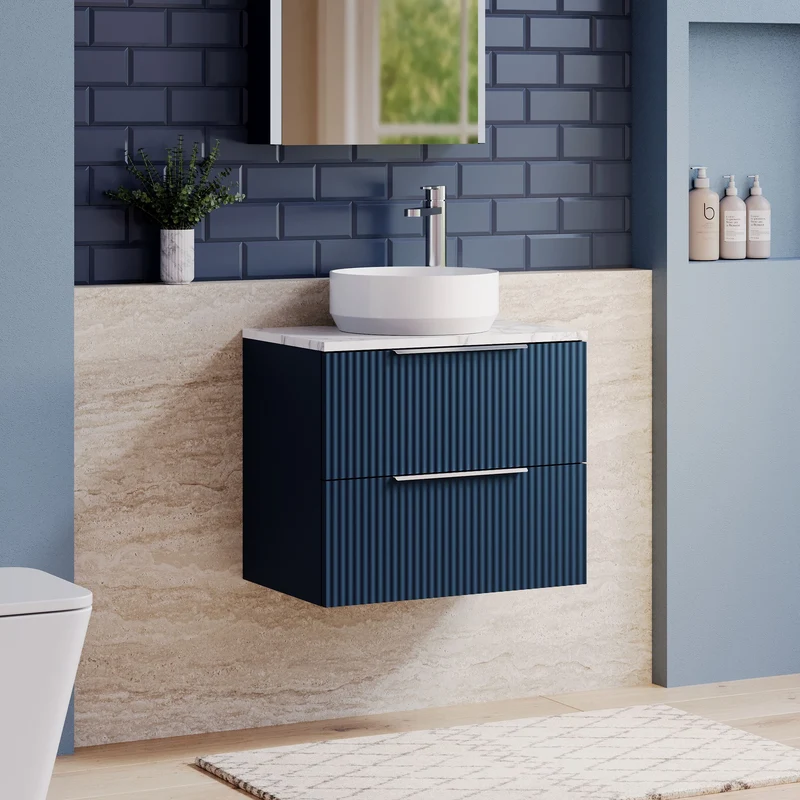 Fluted 600mm Wall Hung 2 Drawer Vanity Unit & Carrera Marble Laminate Worktop - Blue Satin